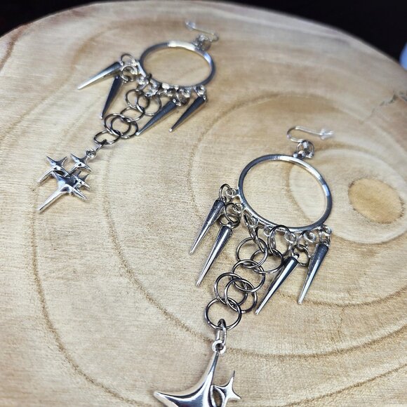 Bold Metal Spike Dangle Earrings With Star Pendants - Reclaim Power Over Anxiety - Picture 2 of 4
